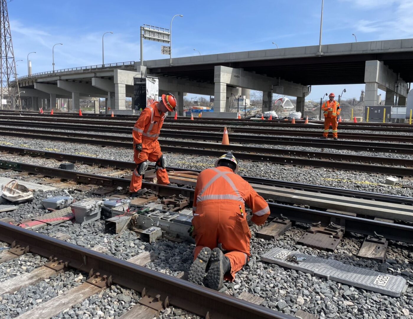 Modern railway signal installation with red light active